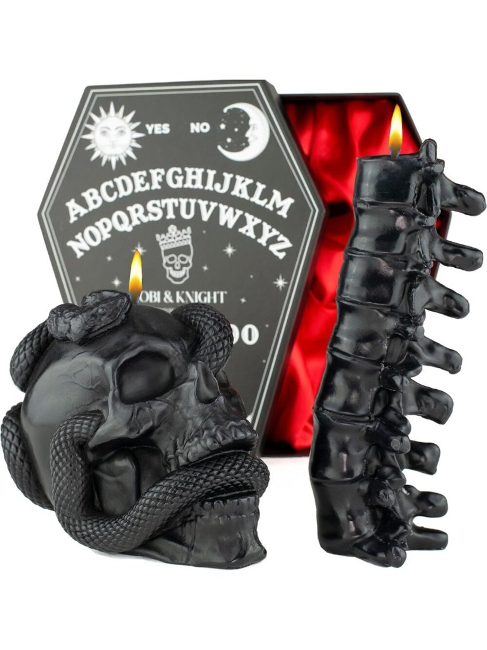 Gothic Skull Candle Set with Snake & Spine in Coffin - Spooky Halloween Decor